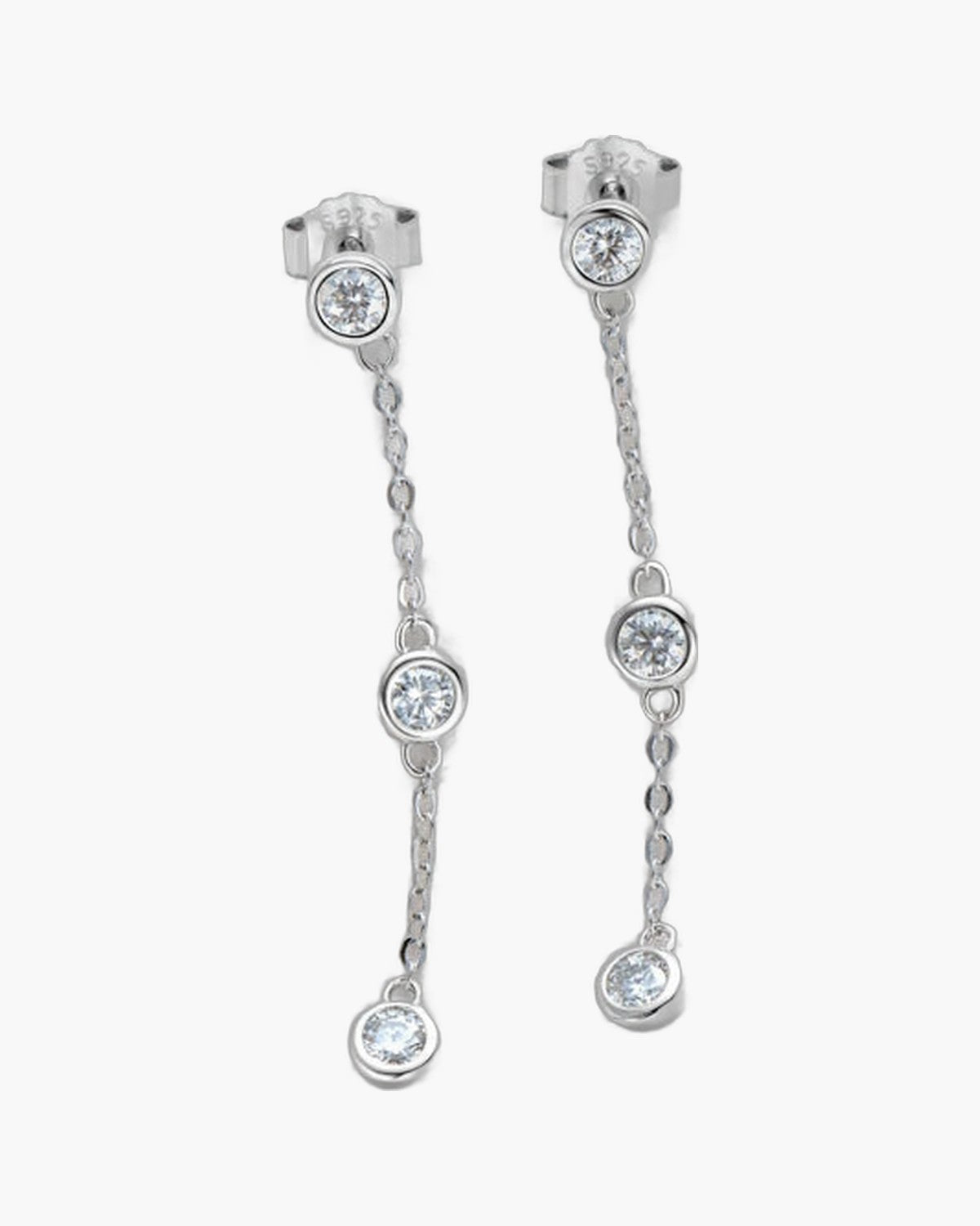 Dainty women's silver 925 drop earrings with three bezel-set cubic zirconia stones