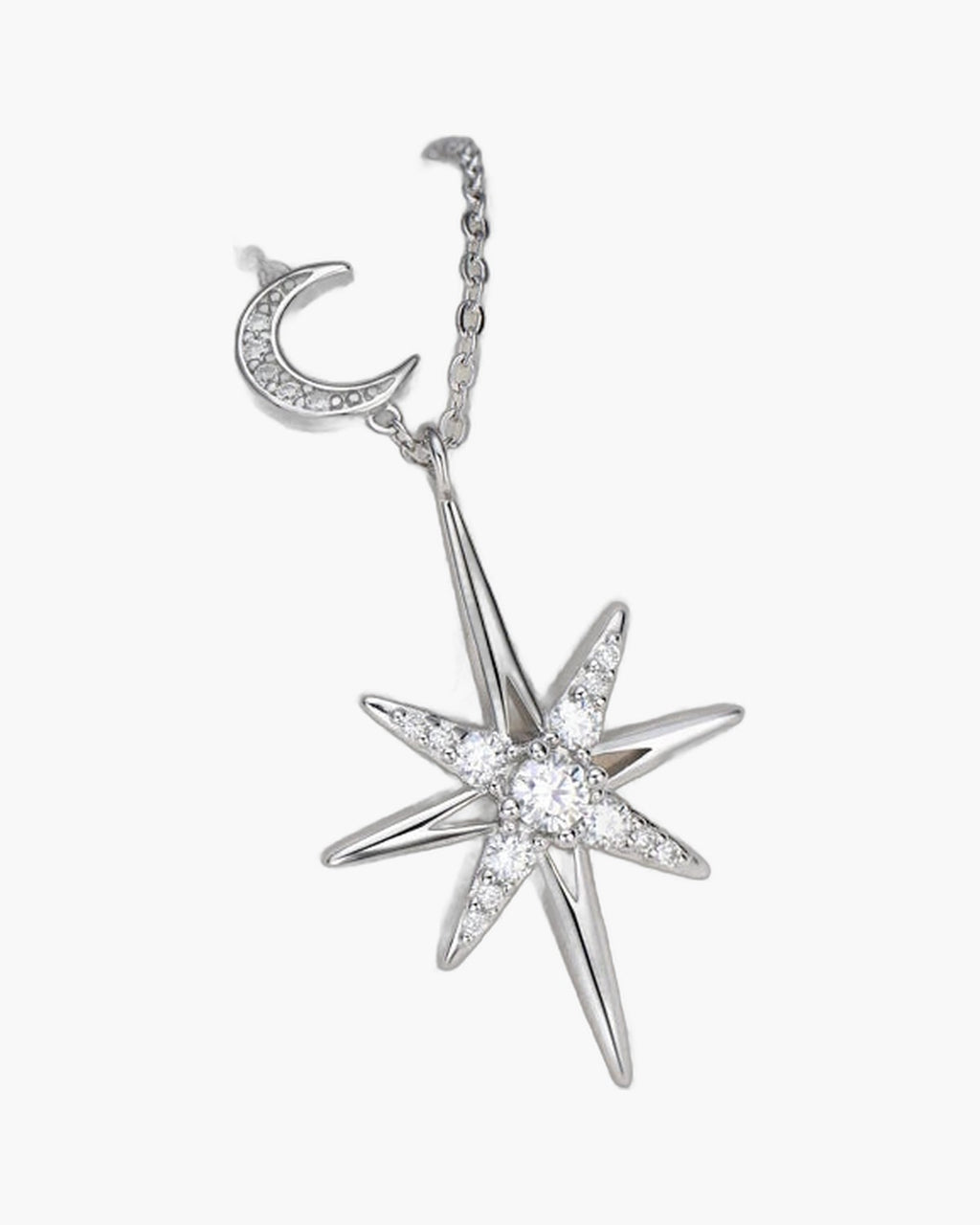 Sparkling silver star and crescent moon pendant necklace with clear cubic zirconia stones