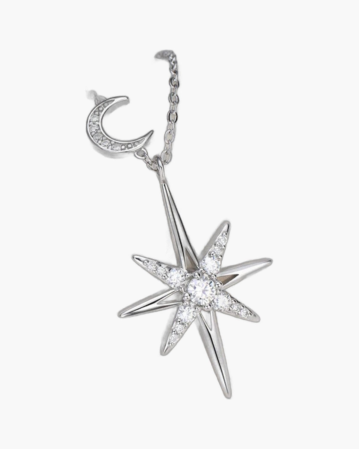 Sparkling silver star and crescent moon pendant necklace with clear cubic zirconia stones