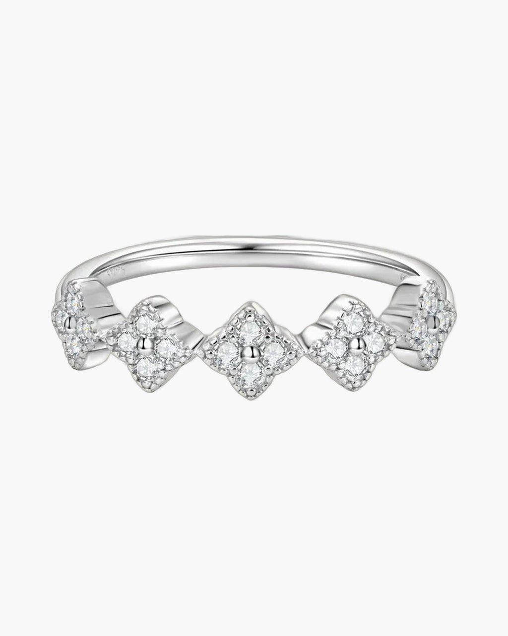 Sparkling women's silver 925 ring with five diamond-studded clover shapes on a light background