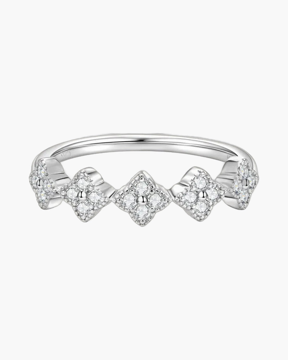 Sparkling women's silver 925 ring with five diamond-studded clover shapes on a light background