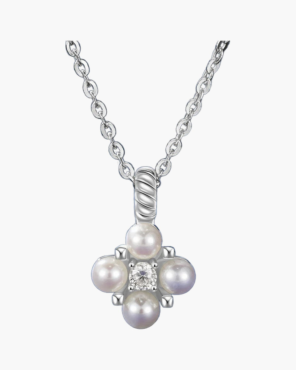 Dainty women's silver clover pendant necklace with four pearls and a sparkling CZ center