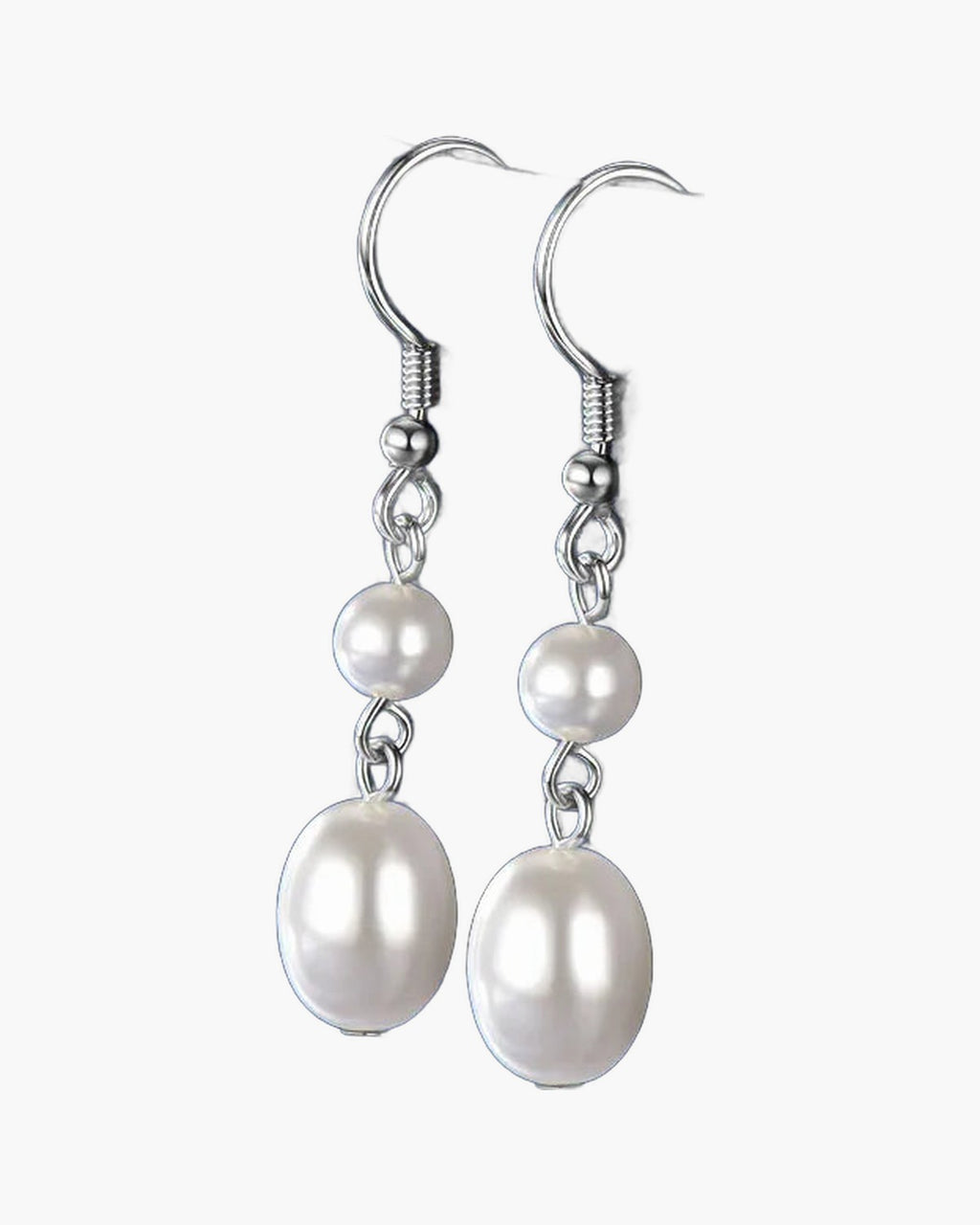 Elegant women's silver 925 dangle earrings featuring lustrous white freshwater pearls on a blue background