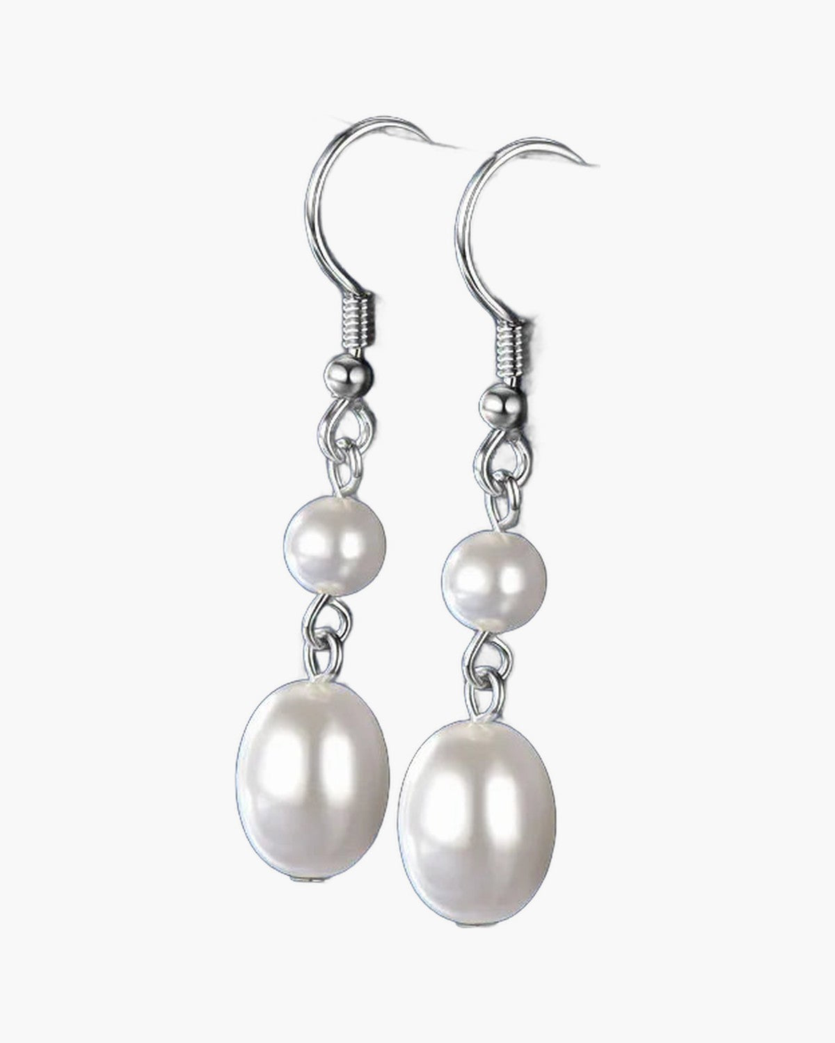 Elegant women's silver 925 dangle earrings featuring lustrous white freshwater pearls on a blue background