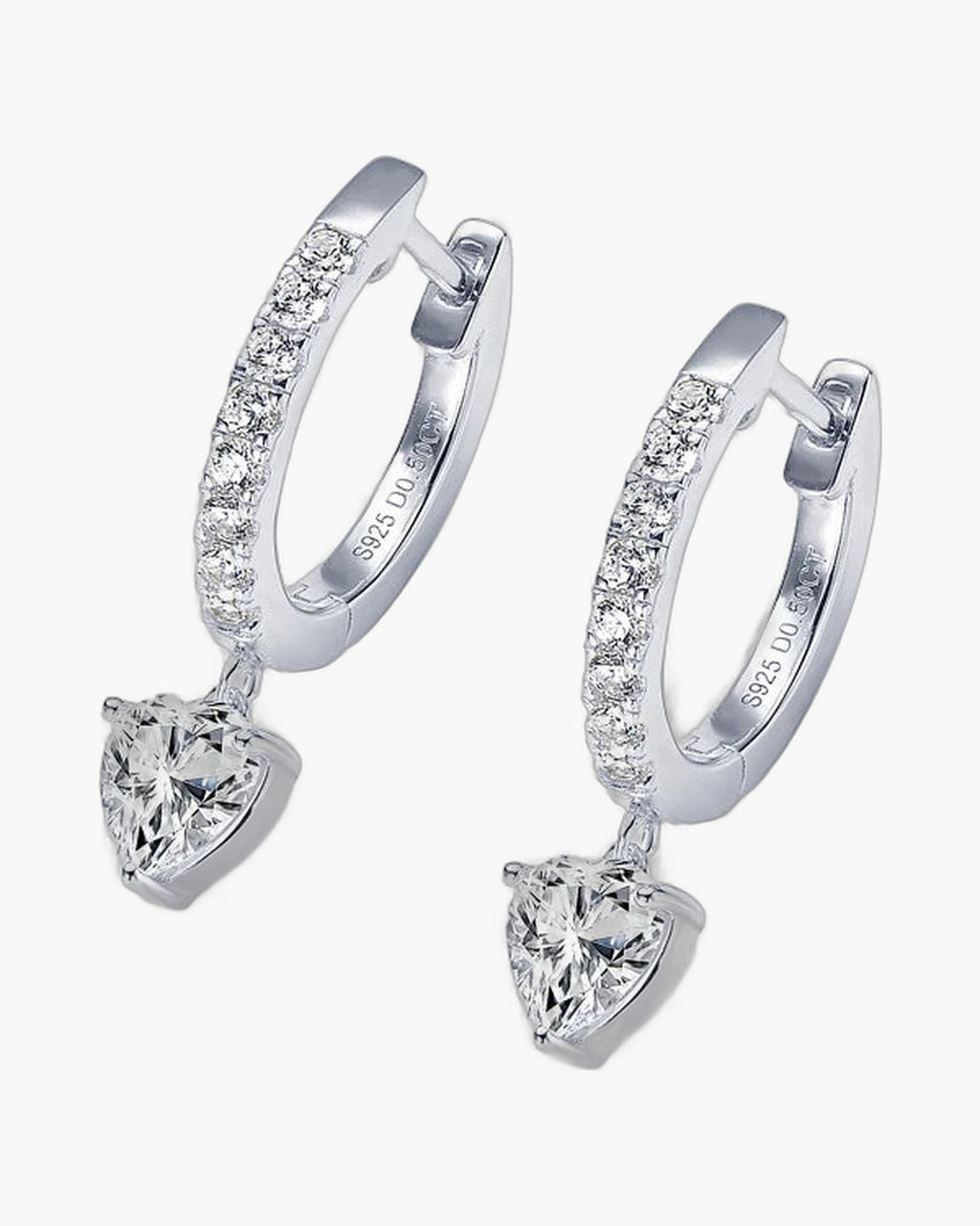 Sparkling women's silver 925 hoop earrings with pave diamonds and heart-shaped pendants