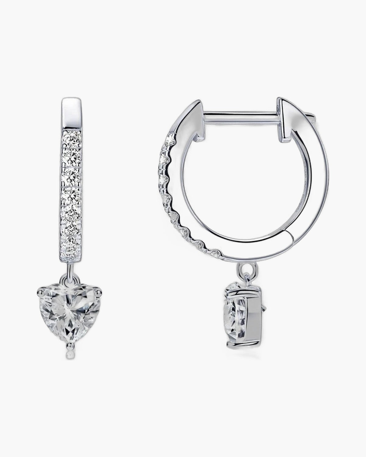 Sparkling women's silver 925 hoop earrings with heart-shaped cubic zirconia drops