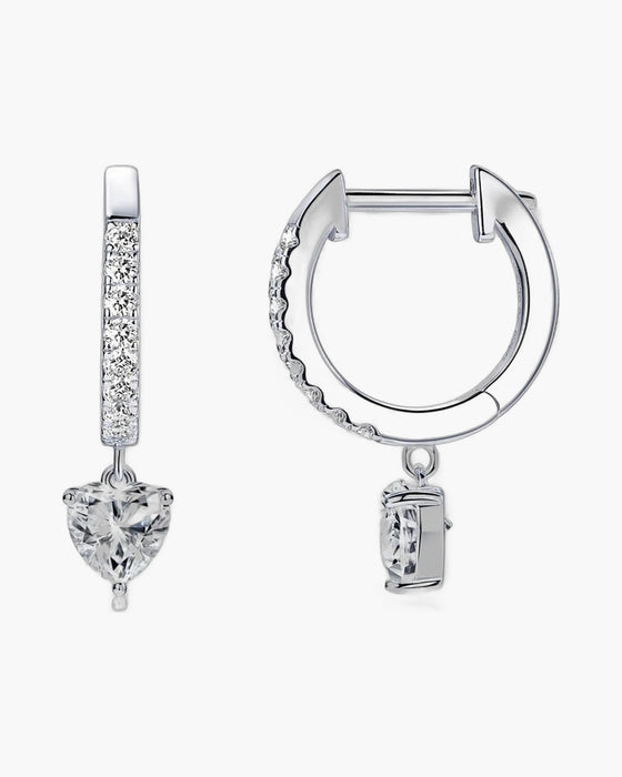 Sparkling women's silver 925 hoop earrings with heart-shaped cubic zirconia drops