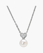Elegant women's silver 925 necklace with a pearl and diamond-studded heart pendant