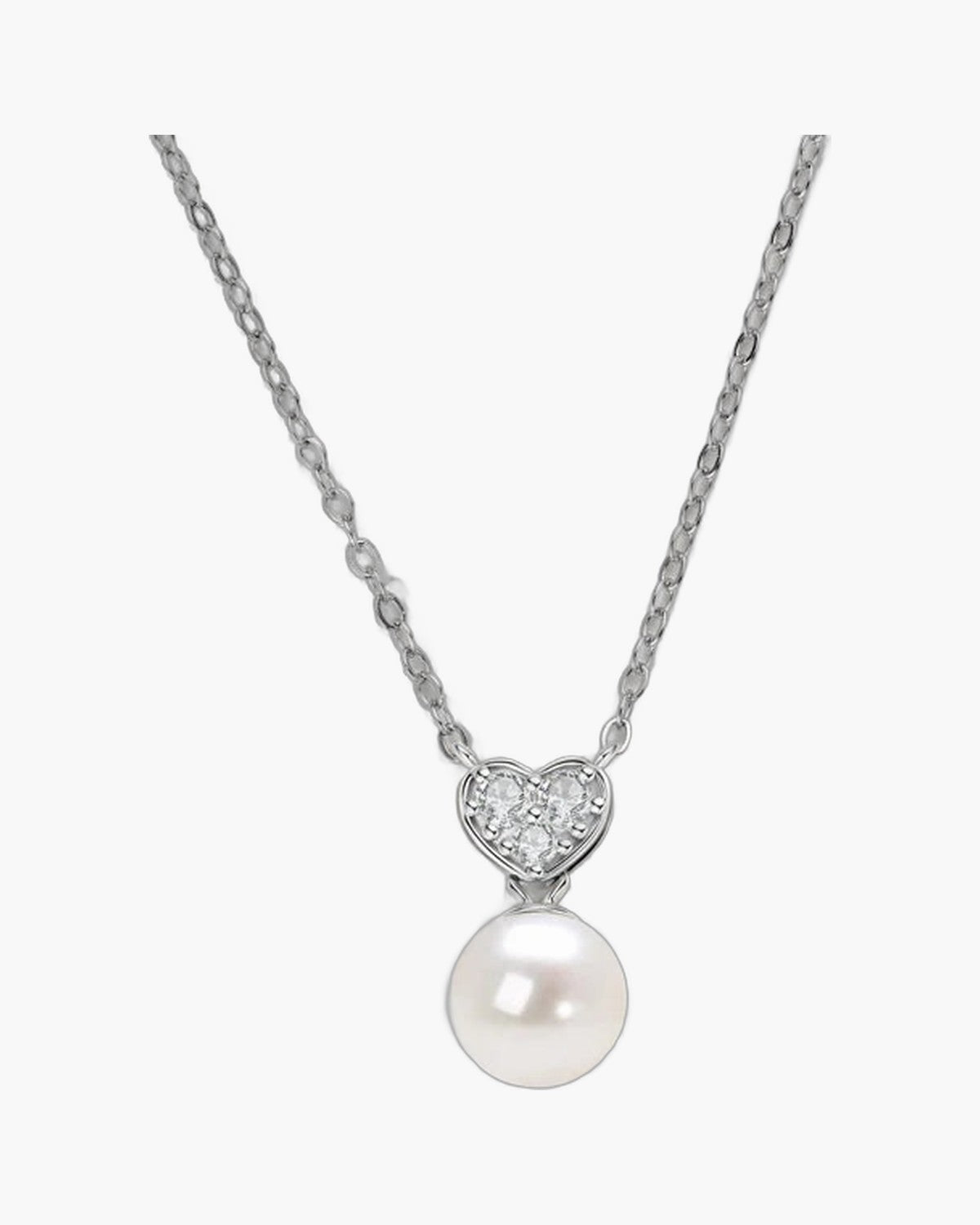 Elegant women's silver 925 necklace with a pearl and diamond-studded heart pendant