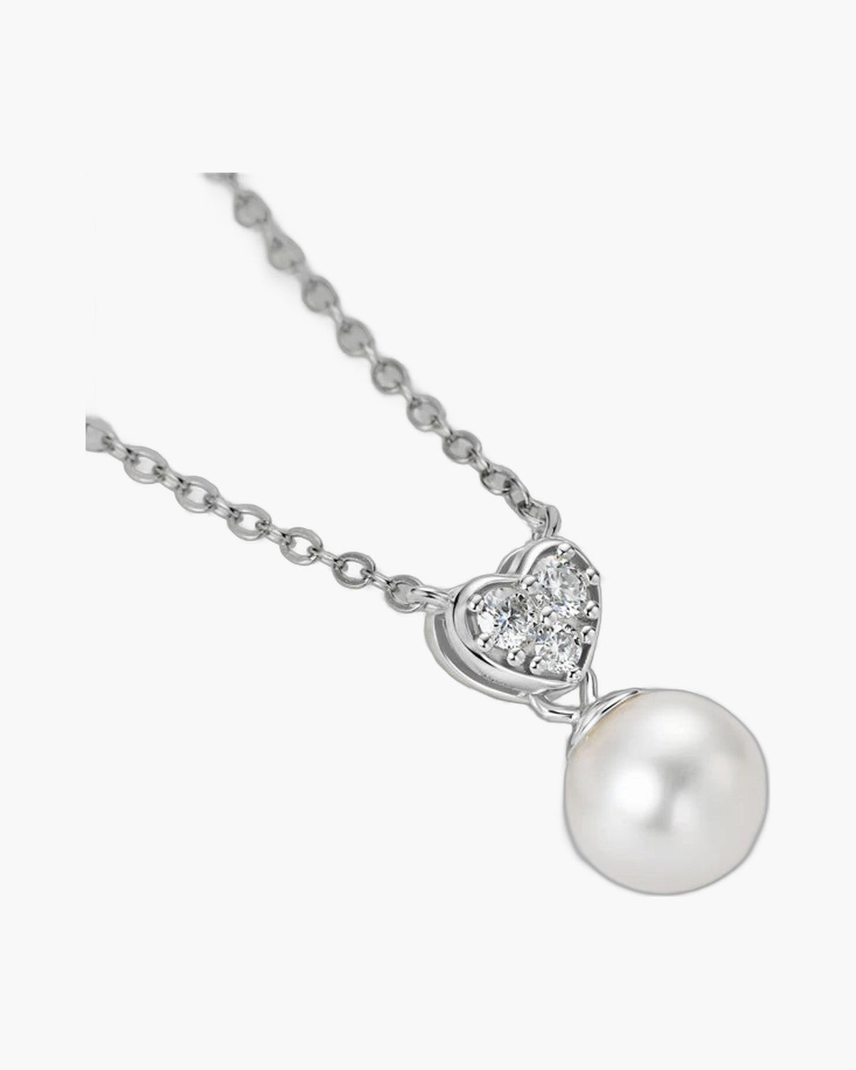 Women's silver 925 necklace with heart-shaped pendant, clear stones, and single pearl drop