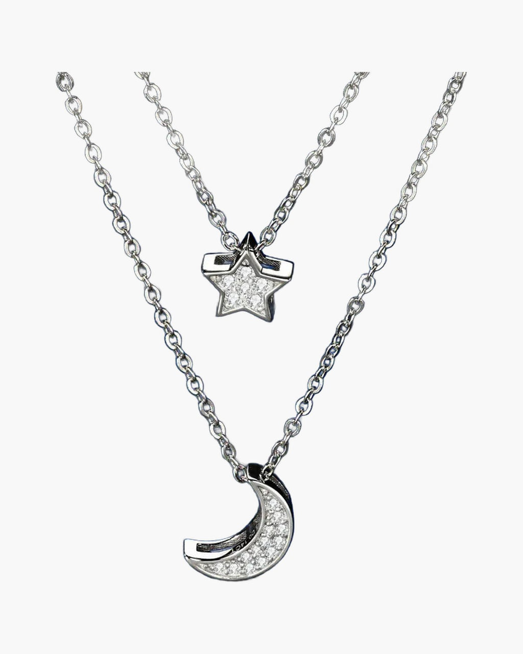 Women's silver 925 layered necklace with sparkling star and crescent moon pendants