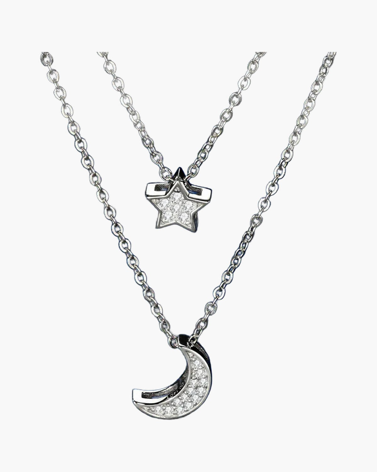 Women's silver 925 layered necklace with sparkling star and crescent moon pendants