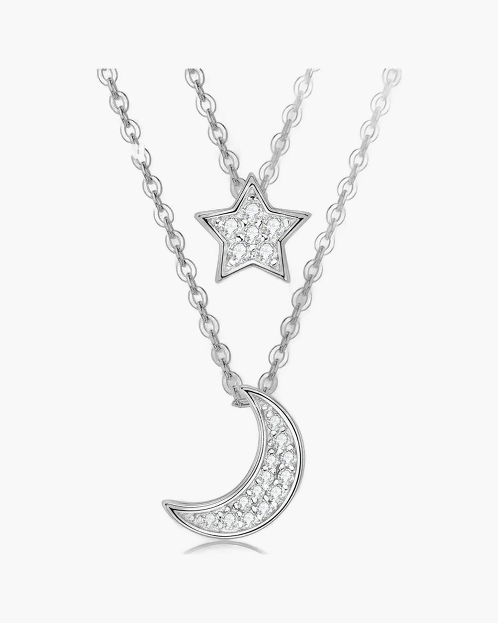 Two layered women's silver 925 necklaces with sparkling star and moon pendants