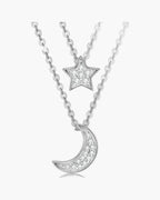 Two layered women's silver 925 necklaces with sparkling star and moon pendants