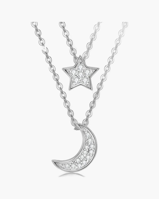 Two layered women's silver 925 necklaces with sparkling star and moon pendants