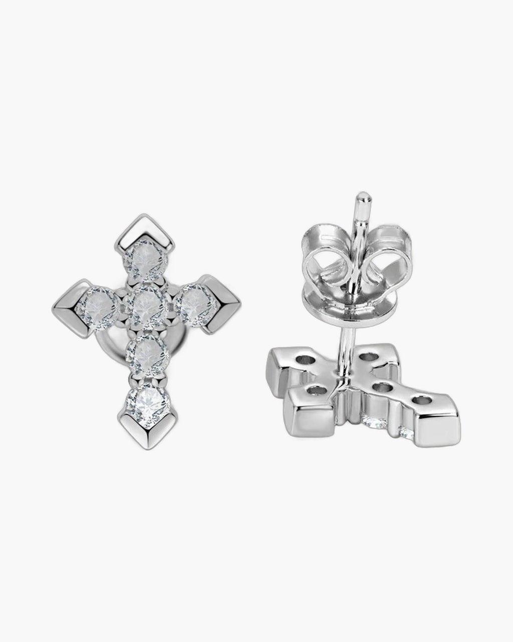 Pair of women's silver 925 cross stud earrings with sparkling clear cubic zirconia stones