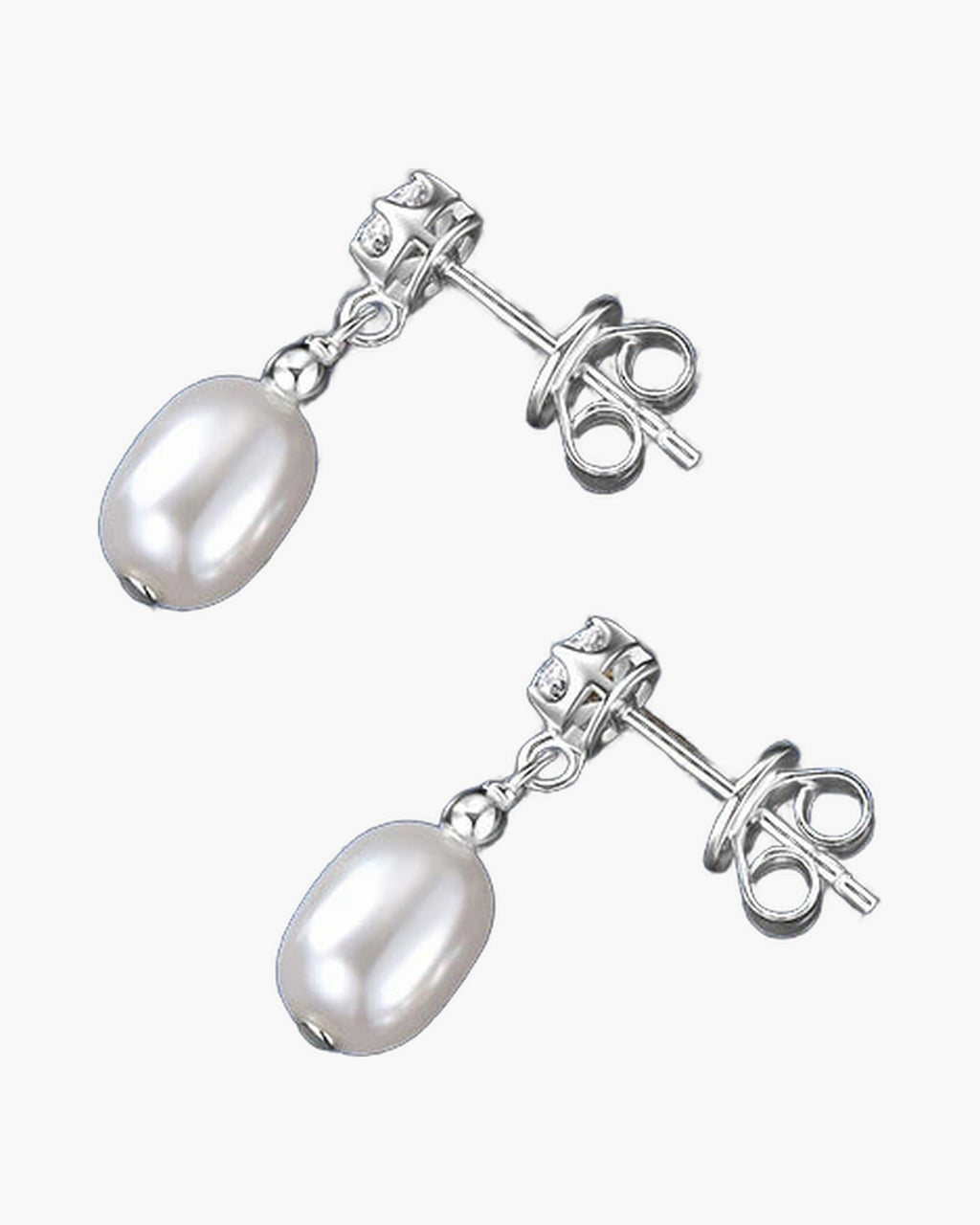 Elegant women's silver 925 stud earrings with dangling white freshwater pearls on blue fabric