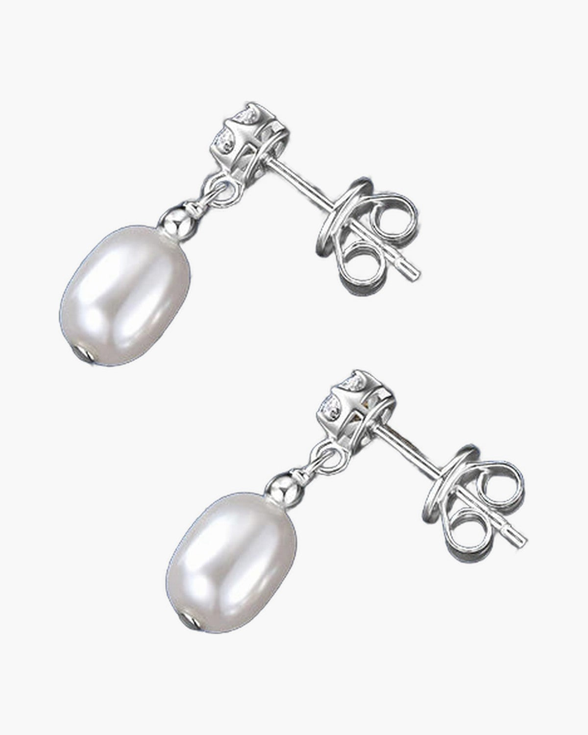 Elegant women's silver 925 stud earrings with dangling white freshwater pearls on blue fabric