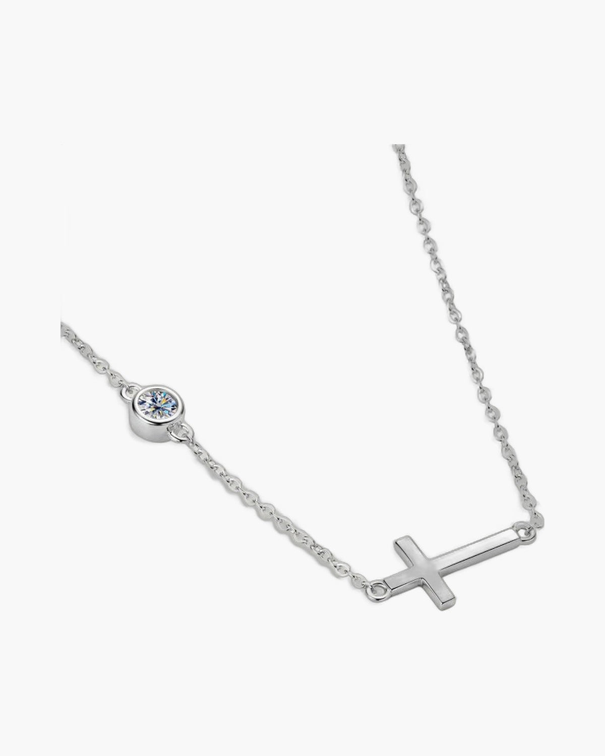 Women's silver 925 necklace with a horizontal cross pendant and a single round diamond