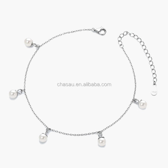 Delicate women's silver 925 chain bracelet with five dangling white pearl charms