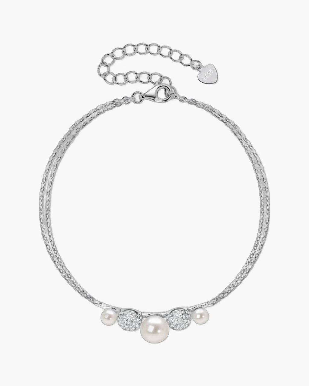 Elegant women's silver 925 bracelet with lustrous pearls and sparkling pave crystal beads