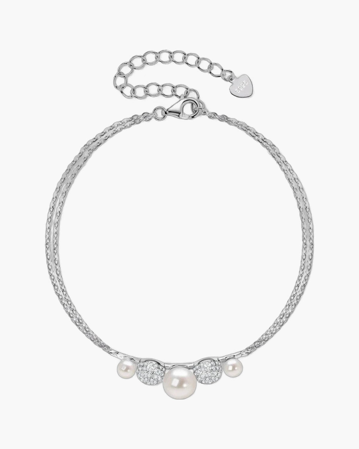 Elegant women's silver 925 bracelet with lustrous pearls and sparkling pave crystal beads