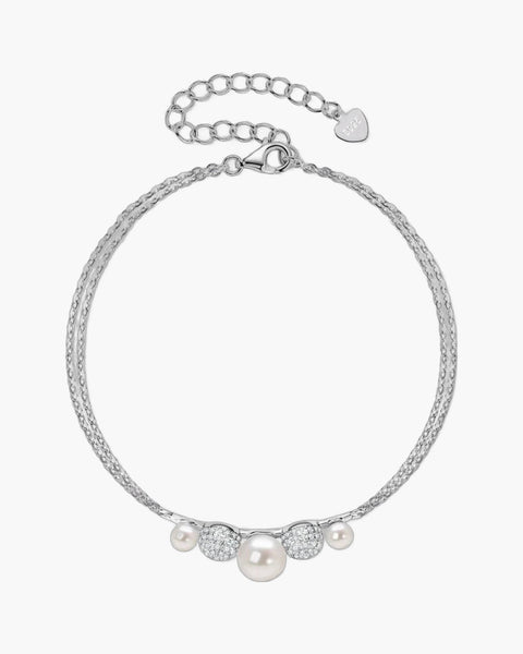 Elegant women's silver 925 bracelet with lustrous pearls and sparkling pave crystal beads