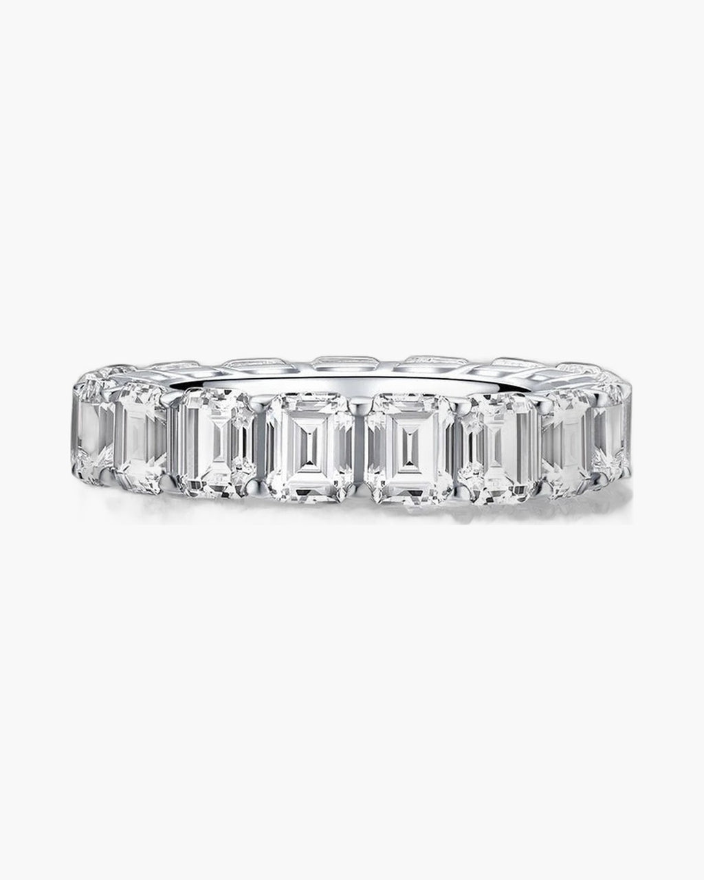Sparkling women's silver eternity band ring with emerald cut cubic zirconia stones