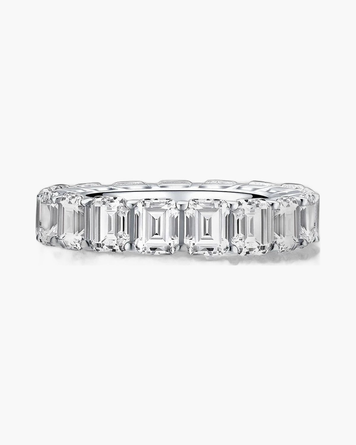 Sparkling women's silver eternity band ring with emerald cut cubic zirconia stones