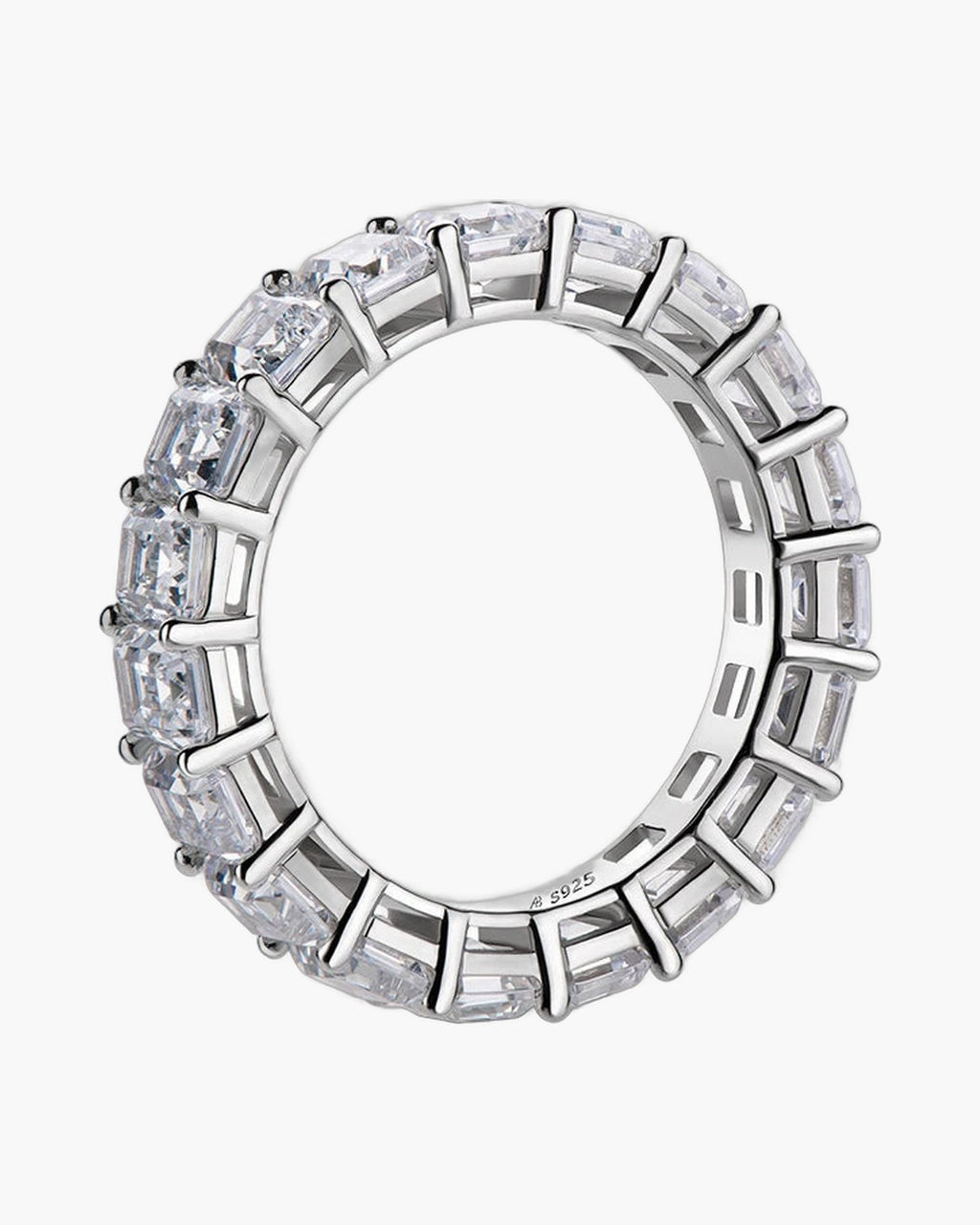 Sparkling women's silver eternity band ring with clear emerald cut cubic zirconia stones