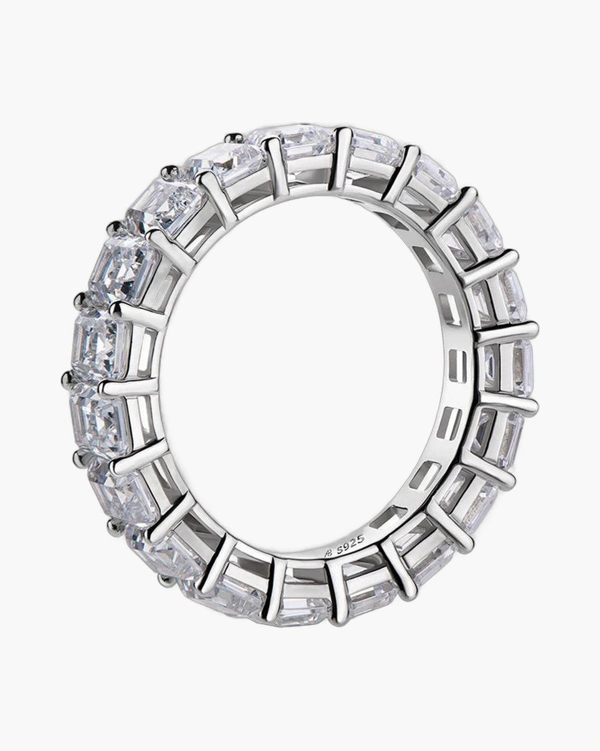 Sparkling women's silver eternity band ring with clear emerald cut cubic zirconia stones