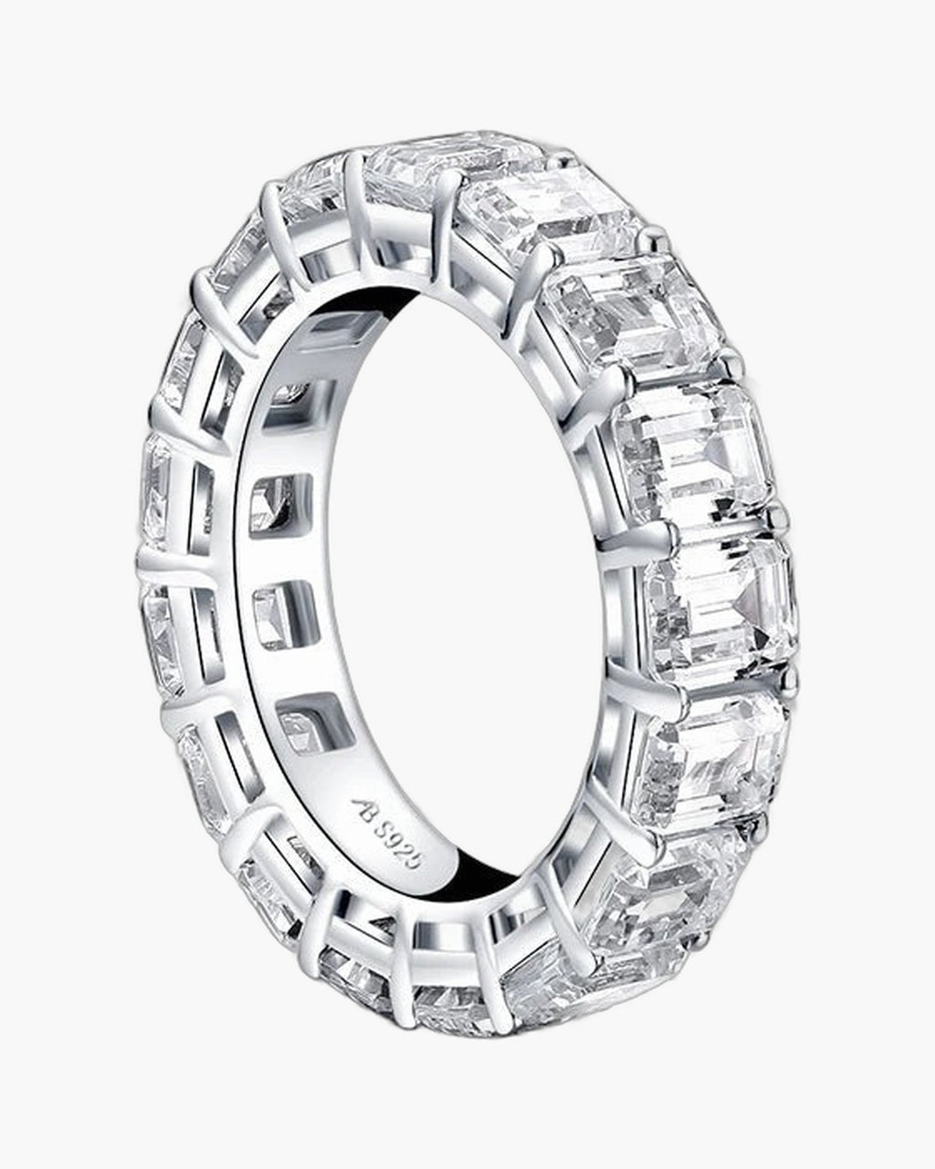 Sparkling women's silver eternity band ring with emerald cut cubic zirconia stones