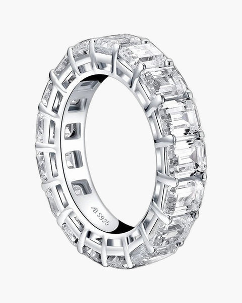 Sparkling women's silver eternity band ring with emerald cut cubic zirconia stones
