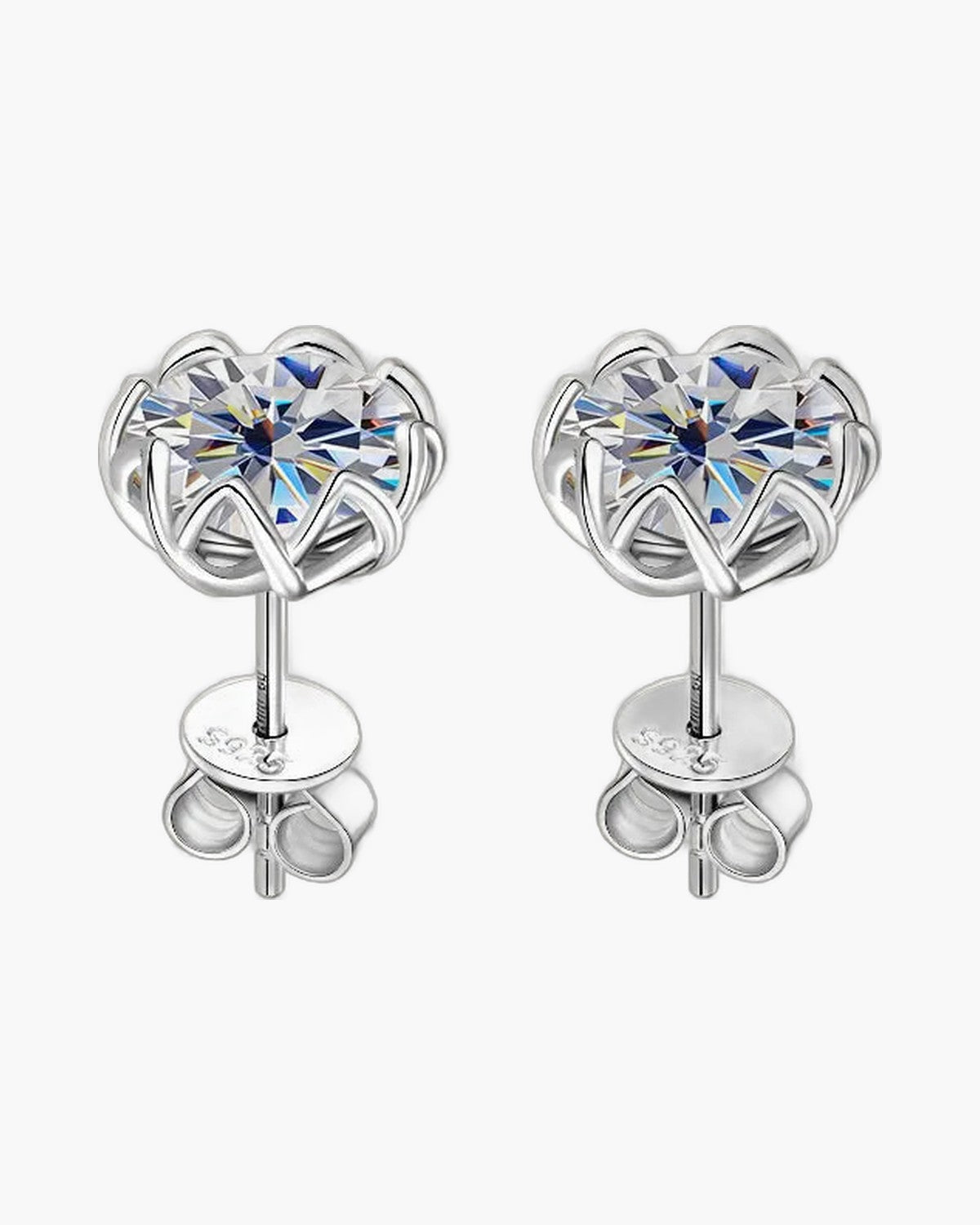 Pair of women's silver 925 flower stud earrings with sparkling moissanite gemstones