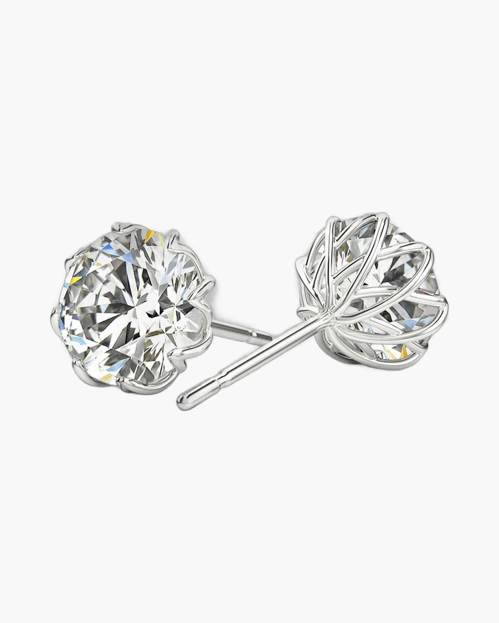 Sparkling round moissanite flower stud earrings in polished silver for women