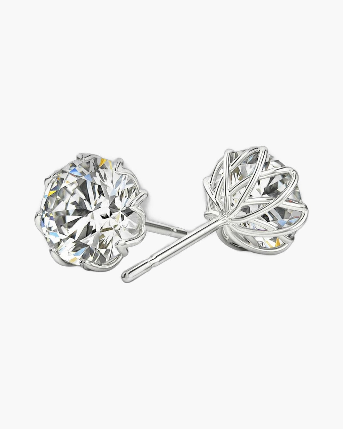 Sparkling round moissanite flower stud earrings in polished silver for women