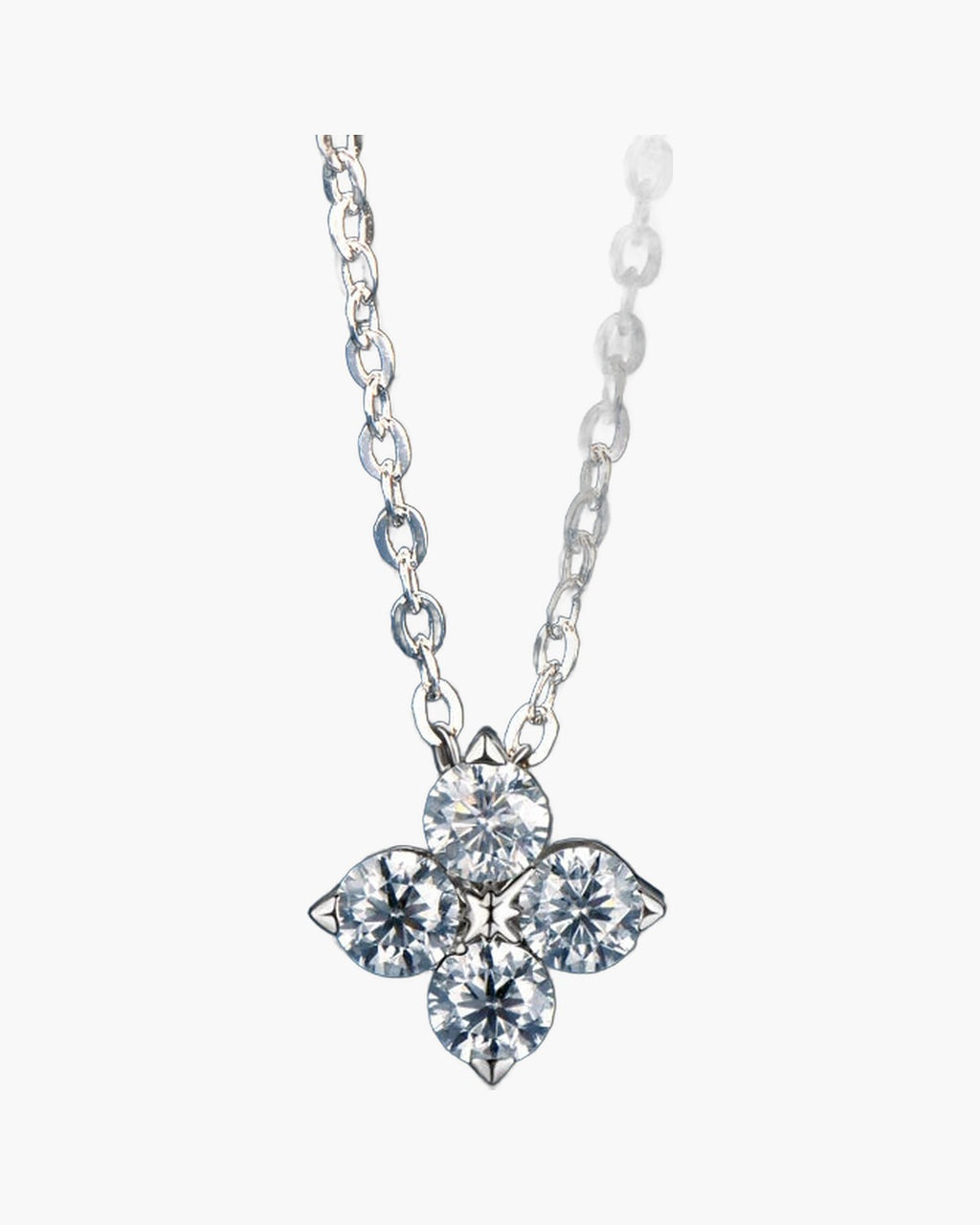 Women's silver 925 chain necklace with a sparkling four-stone clover pendant on blue background