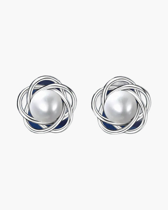 Pair of women's silver 925 stud earrings with elegant pearl and knot design