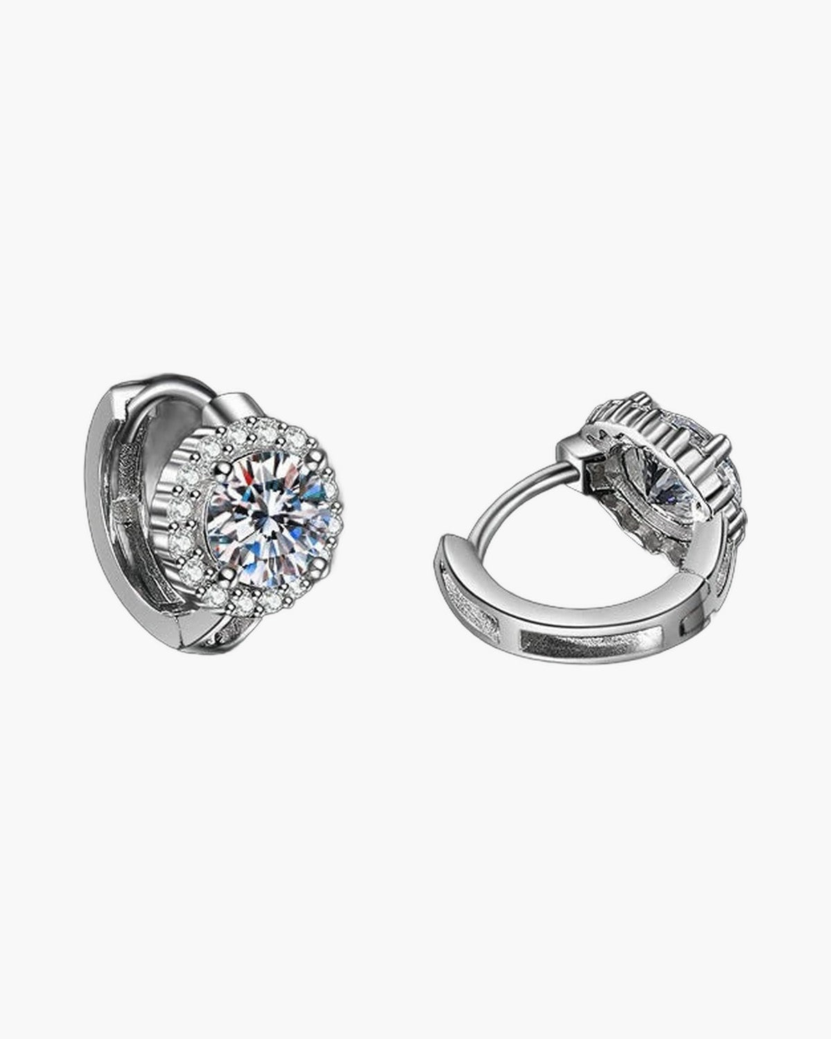 Sparkling silver hoop earrings for women with a large central diamond and halo setting