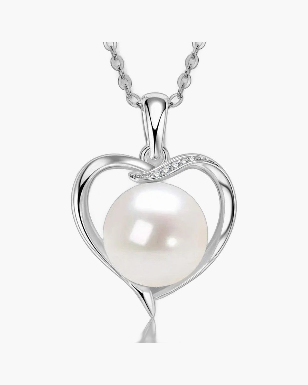 Women's silver 925 heart pendant necklace with a lustrous white pearl and sparkling accents