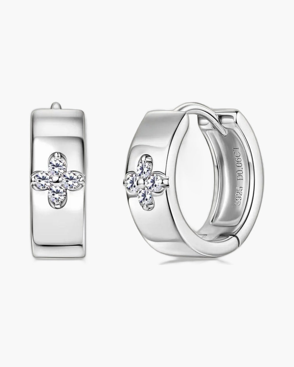 Pair of women's polished silver 925 hoop earrings with sparkling clover-shaped cubic zirconia