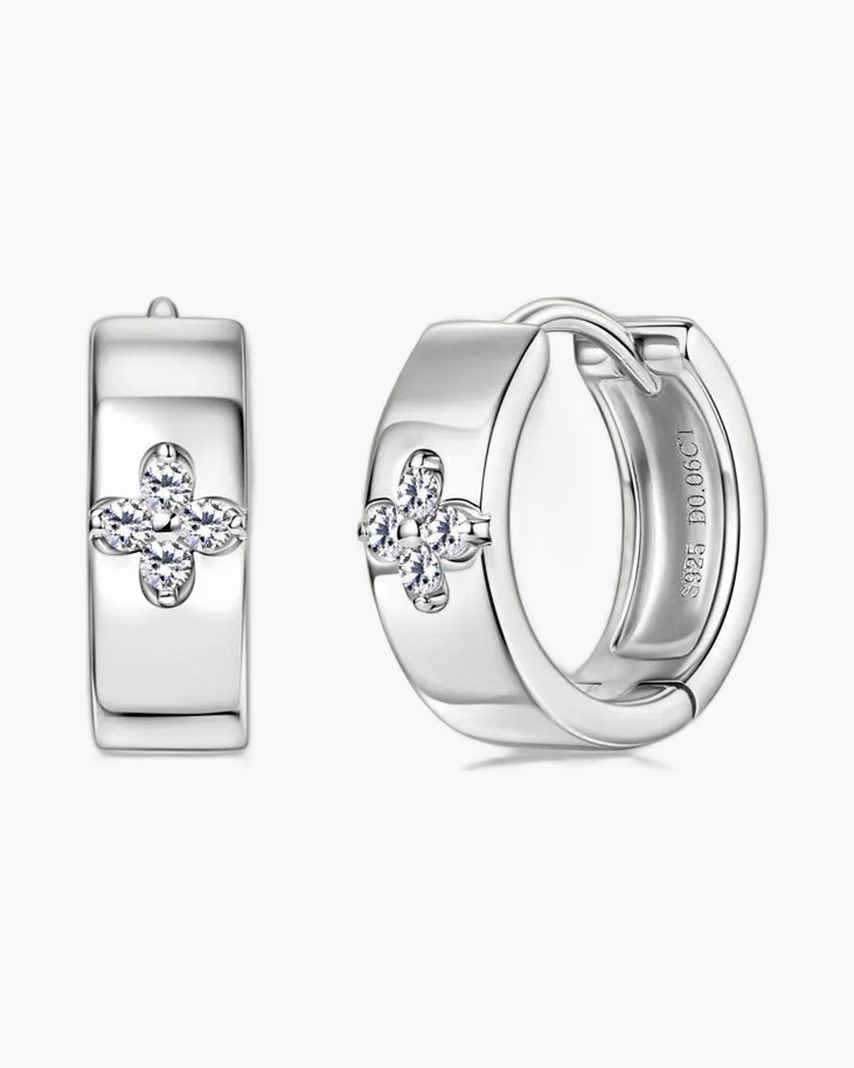Pair of women's polished silver 925 hoop earrings with sparkling clover-shaped cubic zirconia