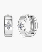 Pair of women's polished silver 925 hoop earrings with sparkling clover-shaped cubic zirconia