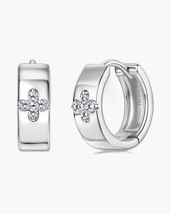Pair of women's polished silver 925 hoop earrings with sparkling clover-shaped cubic zirconia