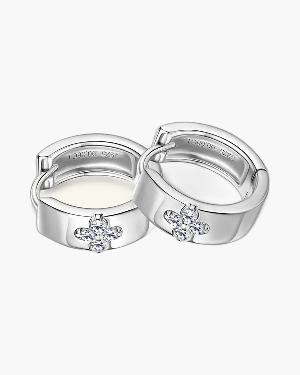 Pair of women's silver 925 hoop earrings with sparkling four-leaf clover design