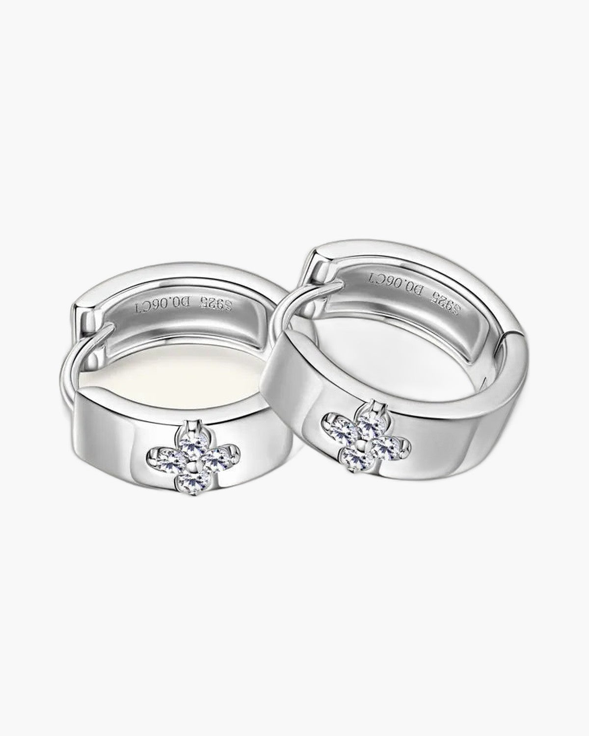Pair of women's silver 925 hoop earrings with sparkling four-leaf clover design