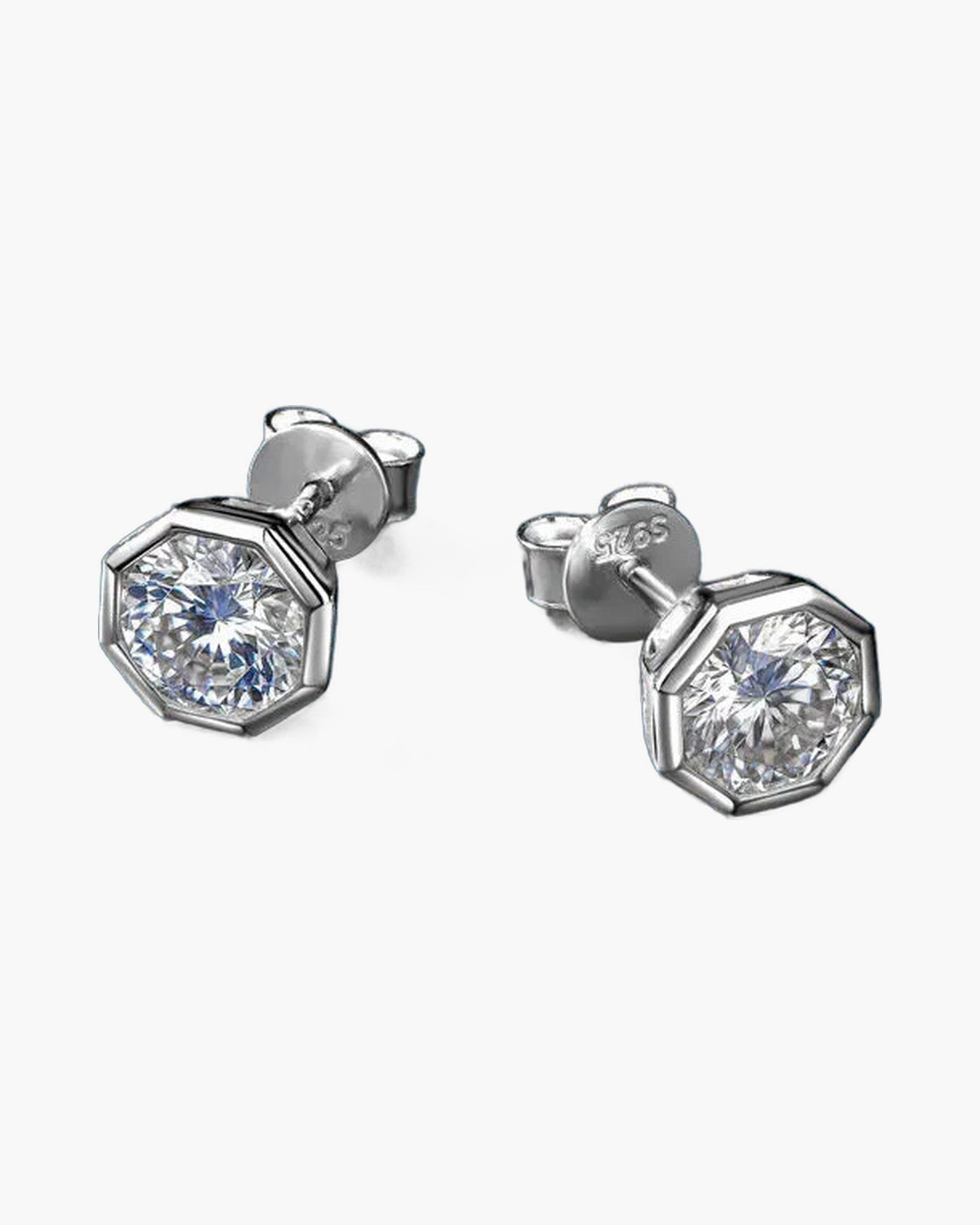 Pair of women's silver 925 stud earrings with sparkling hexagonal cubic zirconia stones