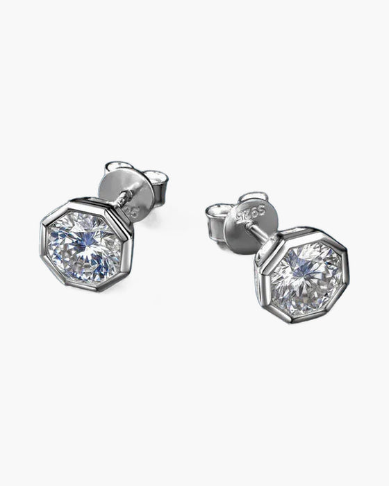 Pair of women's silver 925 stud earrings with sparkling hexagonal cubic zirconia stones