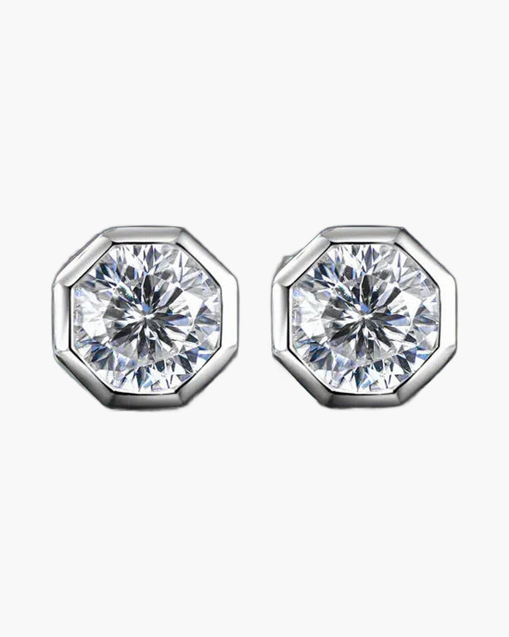 Pair of women's silver 925 octagon stud earrings with sparkling clear gemstones