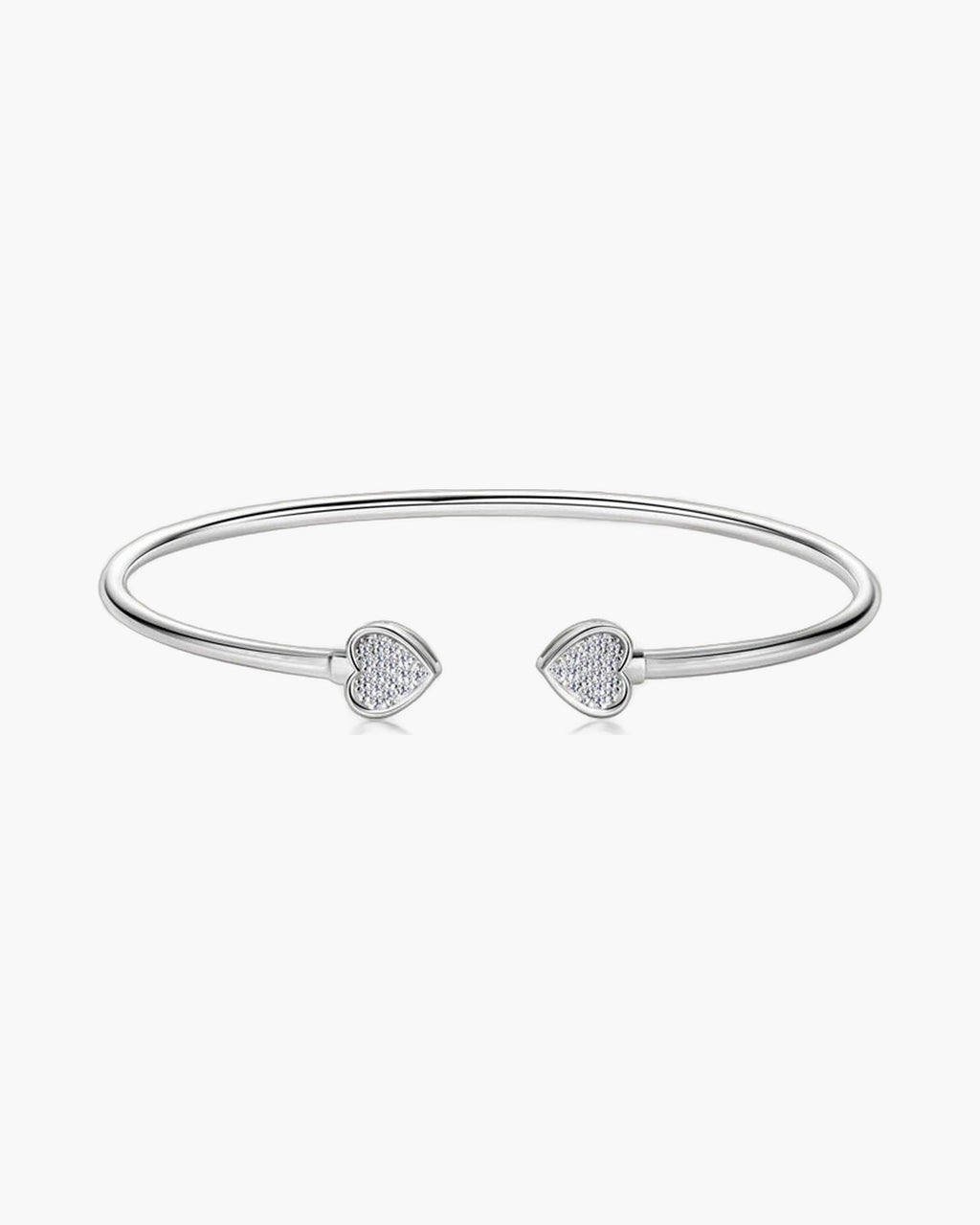 Polished silver open cuff bangle with two pavé heart ends for women